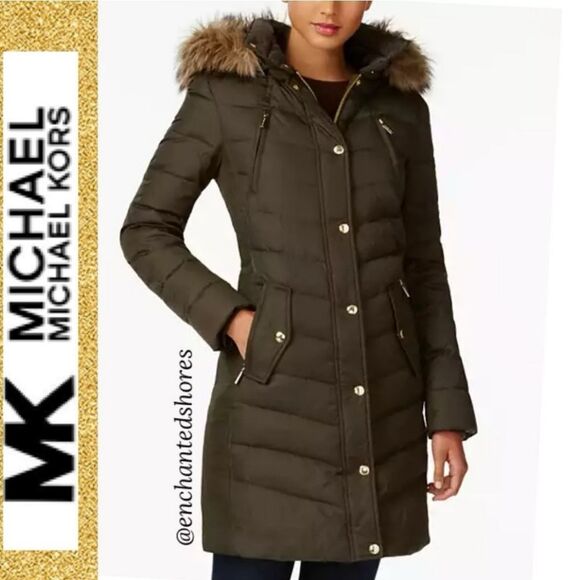 Michael Kors Down Filled Puffer Coat Long Length Brown Small - Picture 1 of 11